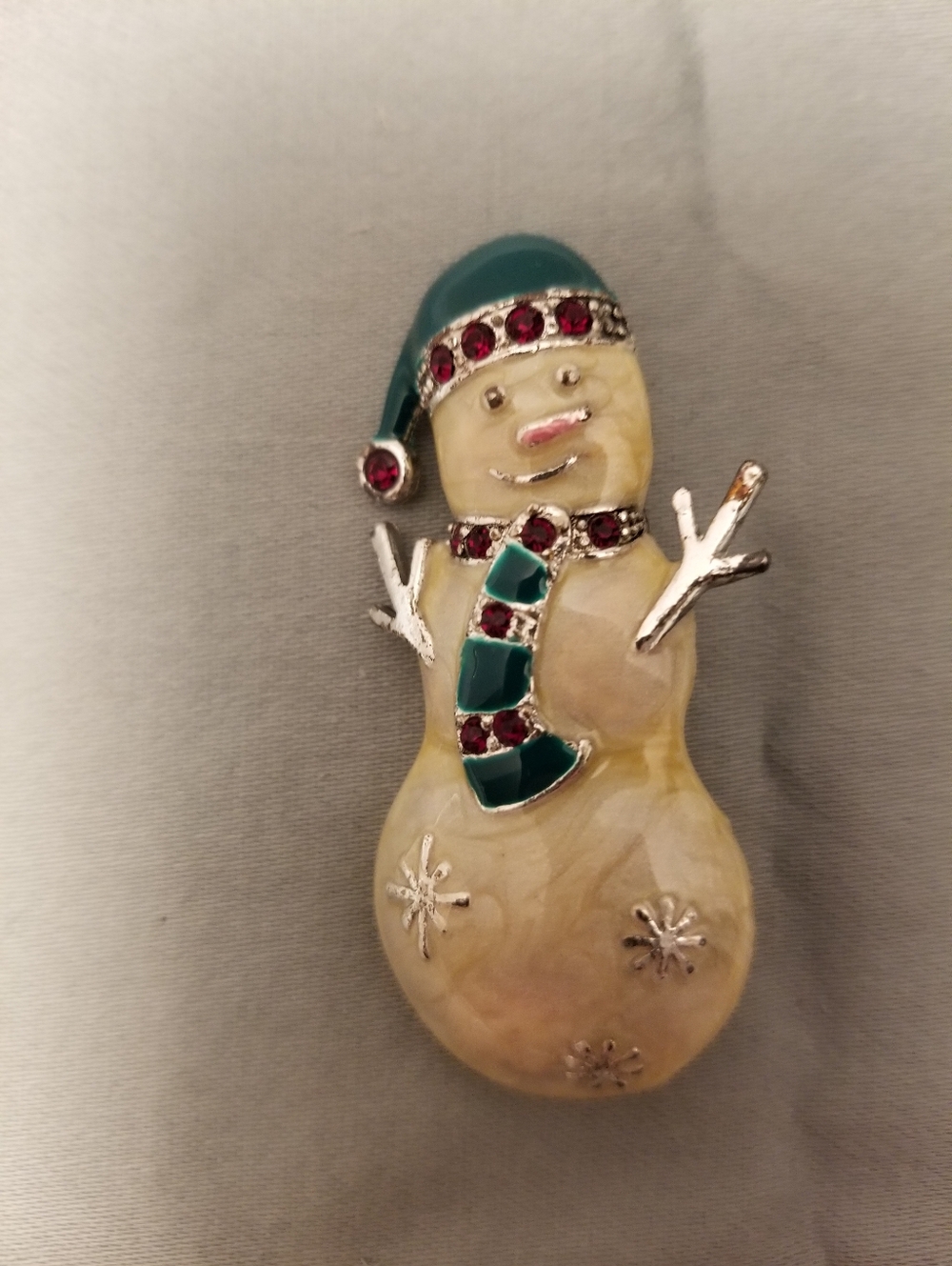 New Vintage Trifari Teal-Hat Snowman Brooch with Green Scarf and Red Accents